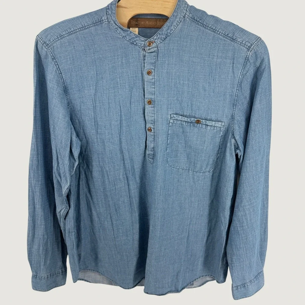 Territory Ahead Jeans Mens XXLT Blue Cotton Lyocell Banded Collar Henley Shirt - Picture 1 of 6